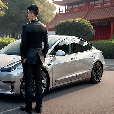 super-realistic-back-view-of-tesla-model-3-chinese-man-standing-proudly-next-to-it